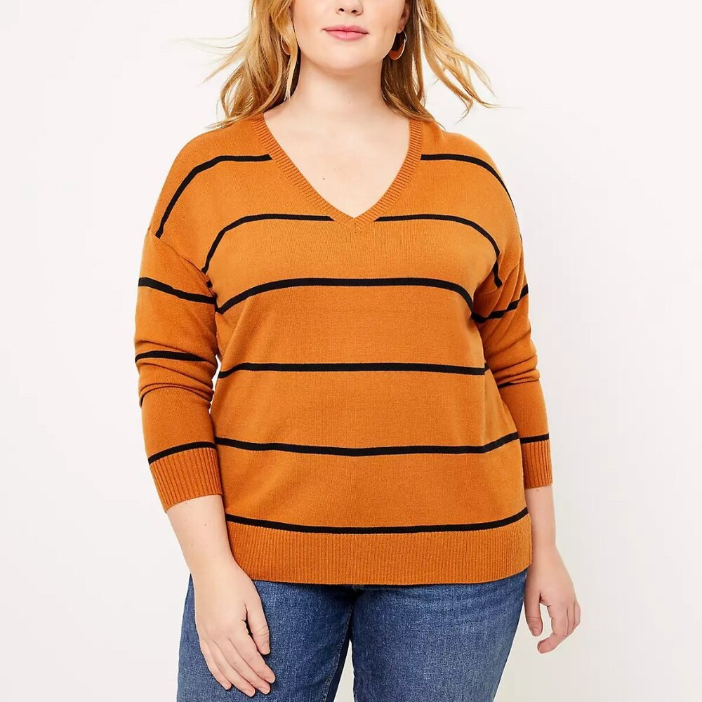Ann Taylor LOFT Plus Striped V-Neck Sweater Cognac Amber Sz 16/18 NWT